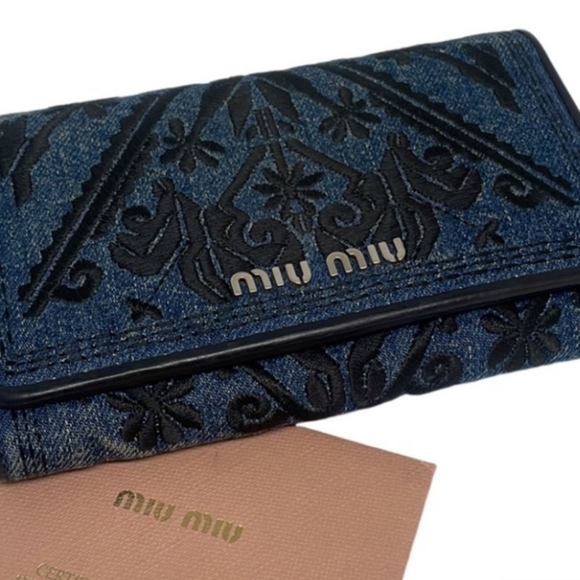 Miu Miu Handbags - Miu Miu Rare Denim Ricamo Trifold Wallet COA EUC
